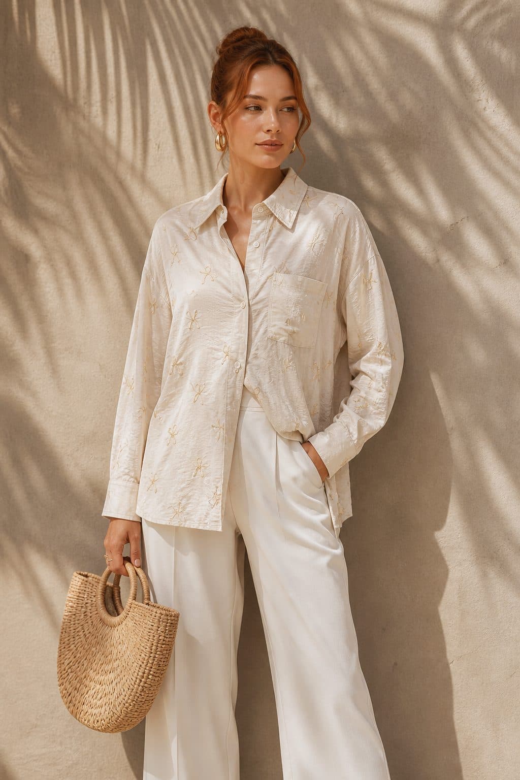 Camisa bege com laços bordados