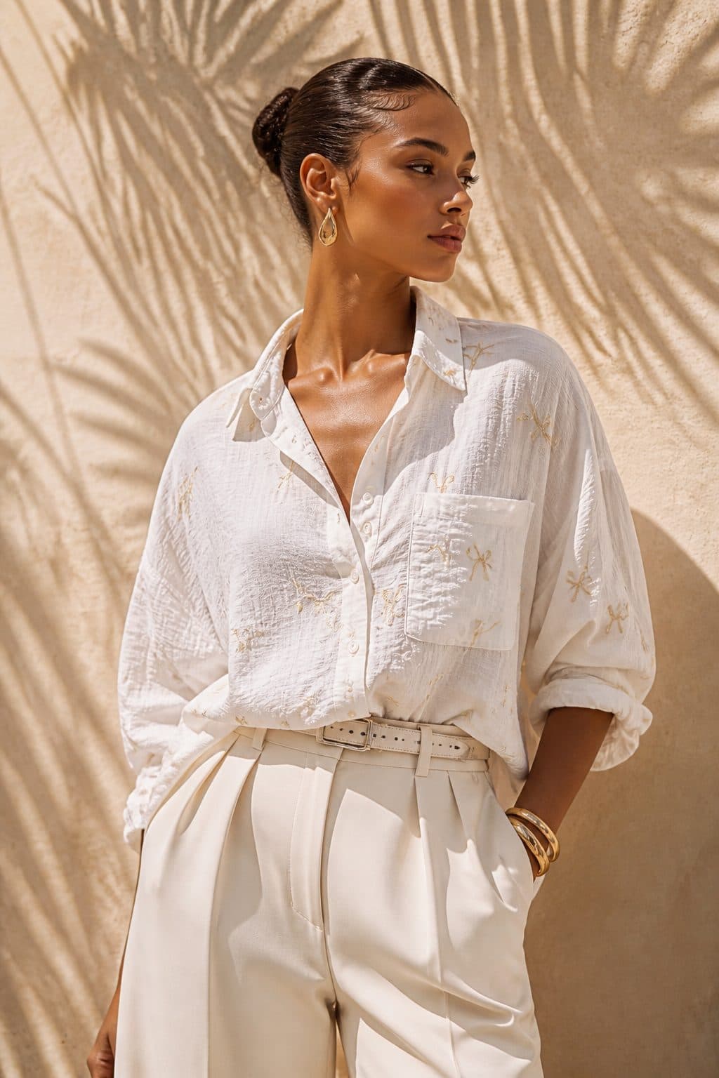Camisa branca com laços bordados e calça de alfaiataria clara