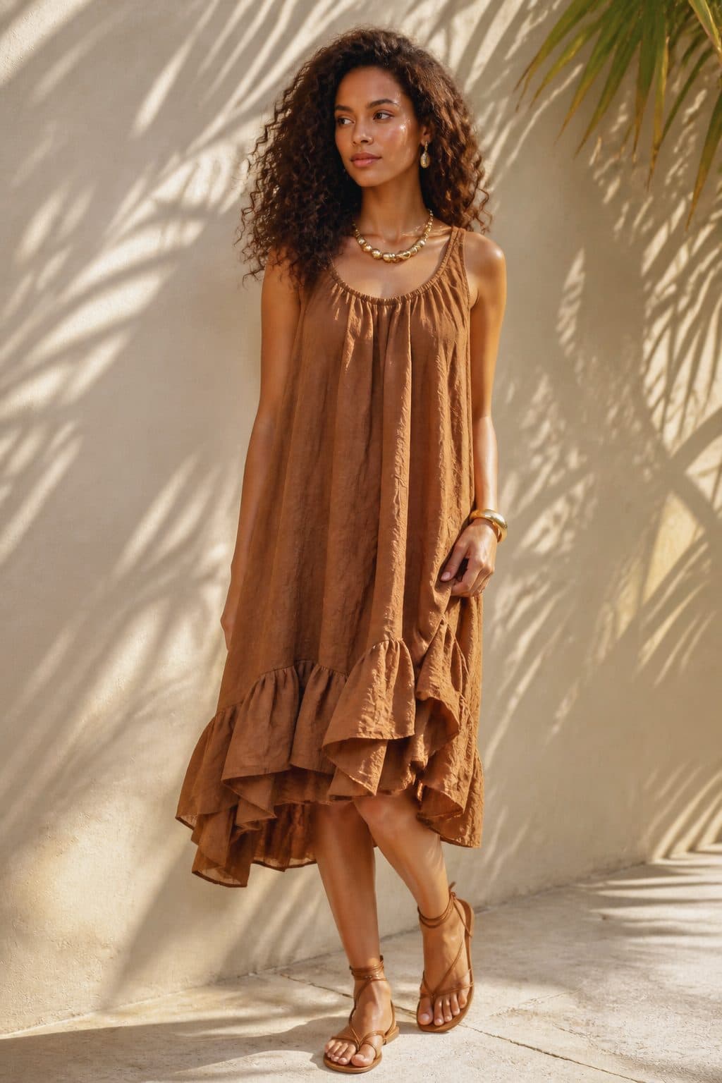 Vestido em tecido leve com babados em camadas